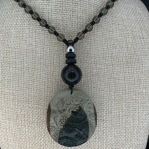 Black and Grey Polychrome Jasper Dragon Pendant Necklace on Beaded Cord